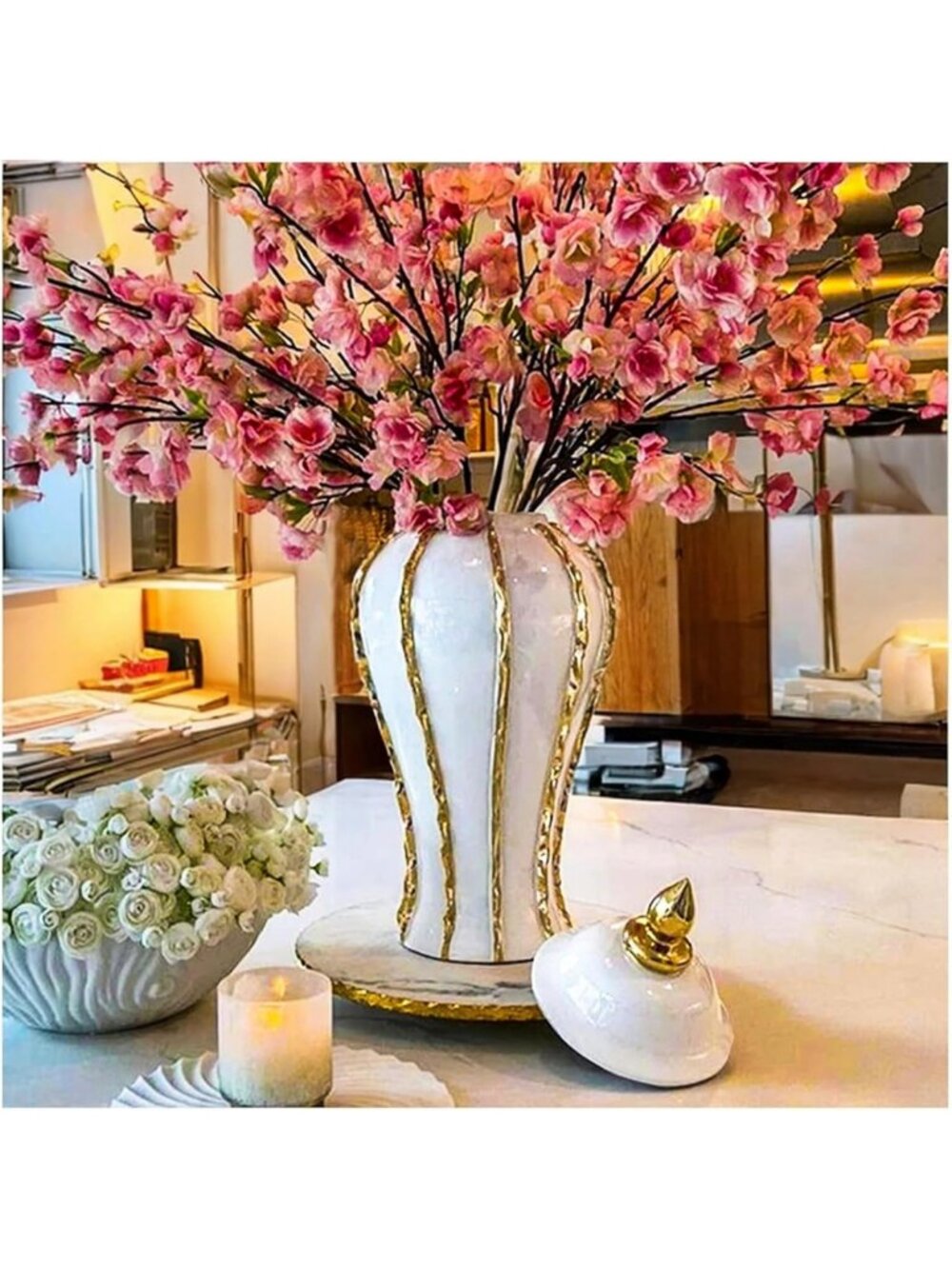 Large Handmade White Gold Ceramic Ginger Jar Vase with Lid - Decorative Flower